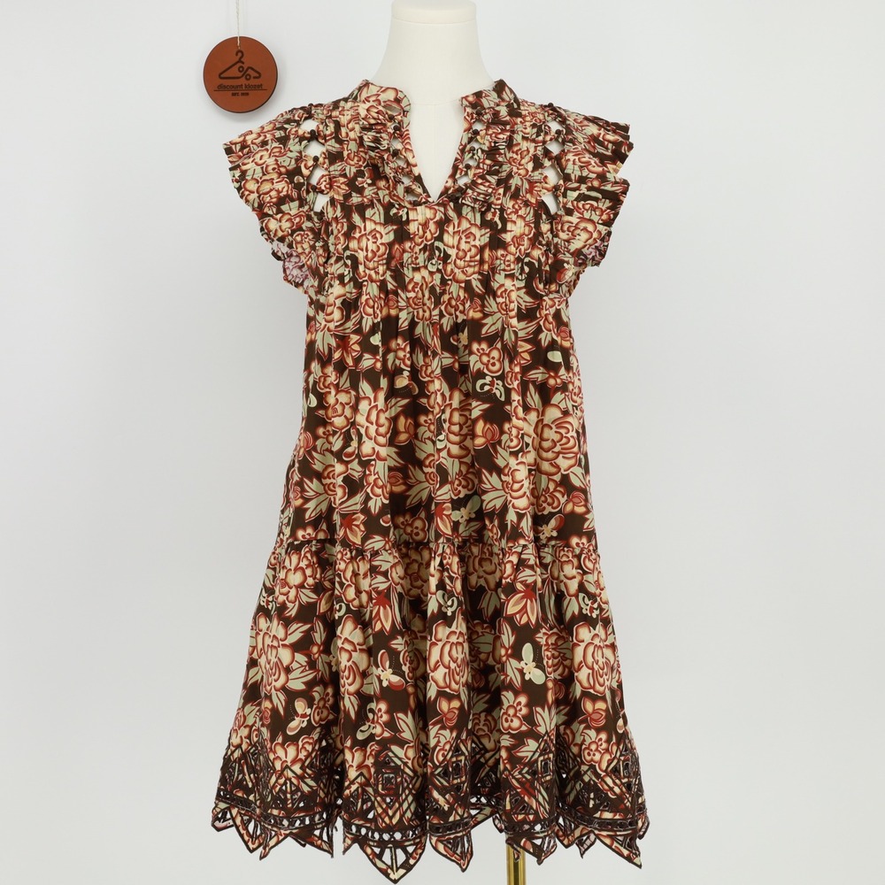 SEA Emelia Print Flutter Sleeve Dress XS VNeck Pintuck Yoke Scalloped Hem Cotton